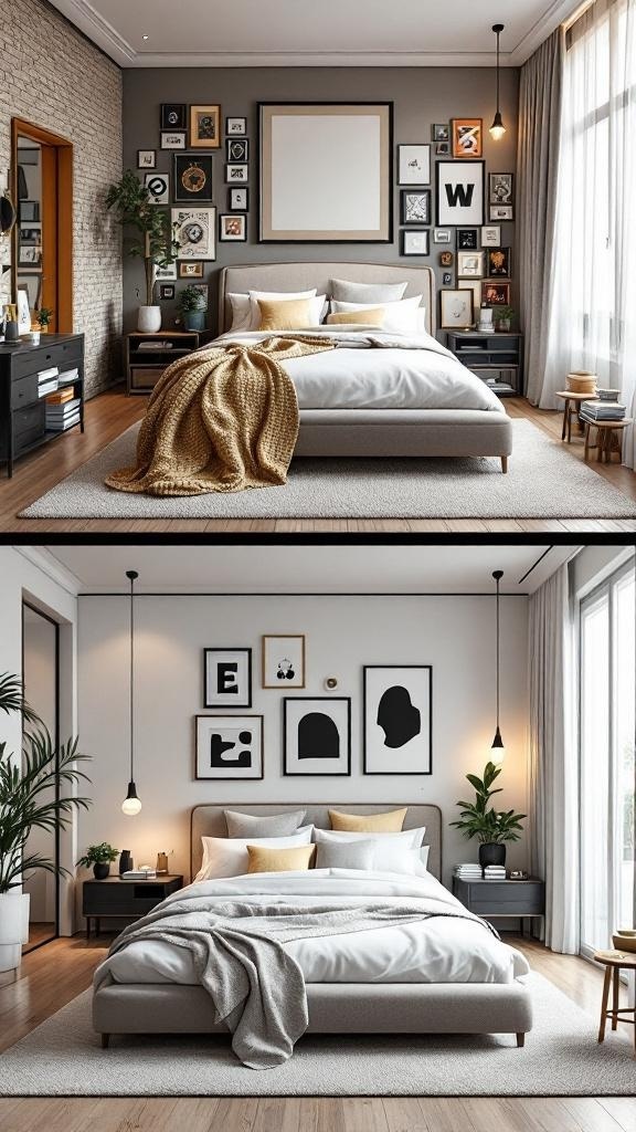 A comparison of a maximalist bedroom with vibrant art and decor versus a minimalist bedroom with a clean, simple design.