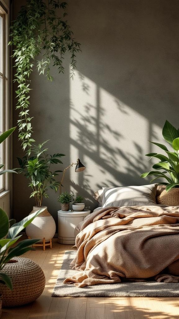 A serene bedroom featuring plants, natural light, and earthy tones.