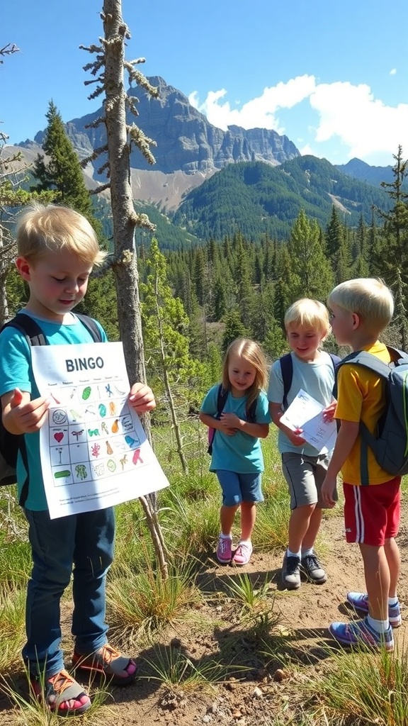 Children participating in a Nature Bingo challenge while camping in the mountains.