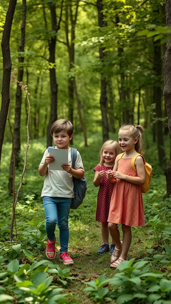Children participating in a scavenger hunt in a lush green forest.