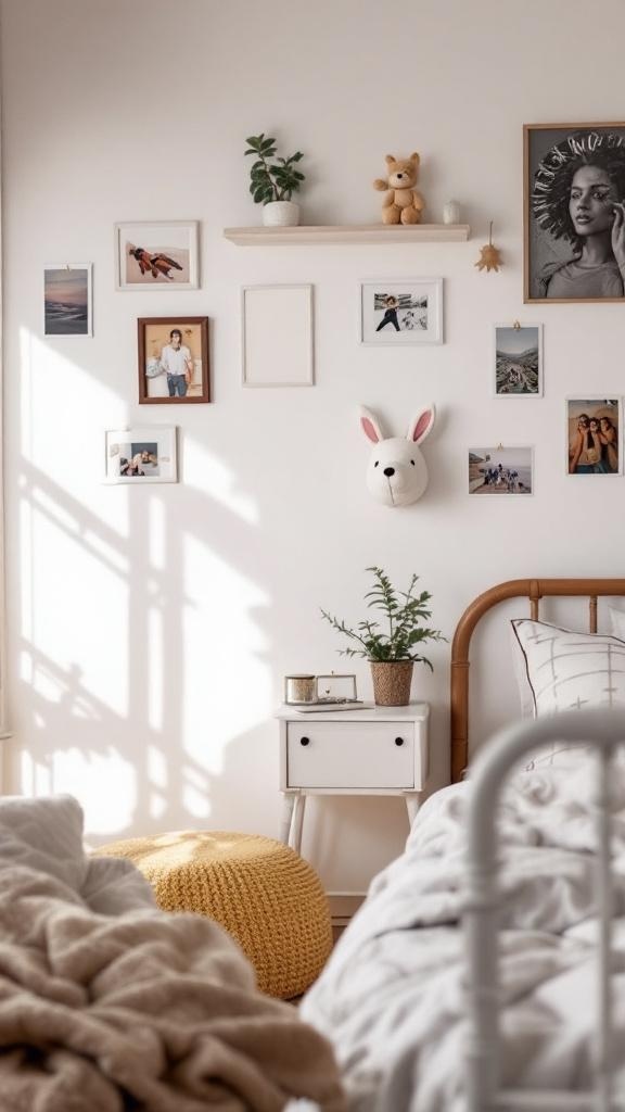 A cozy bedroom with personal touches, including framed photos, a bunny head wall decoration, and a yellow pouf.