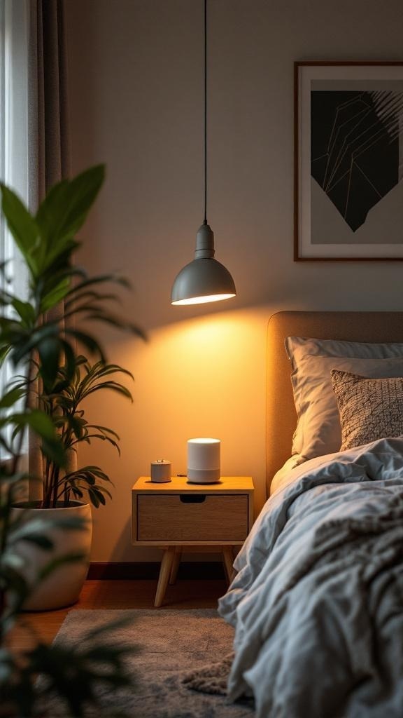 A cozy bedroom with a smart speaker on a nightstand, showcasing modern technology integration.
