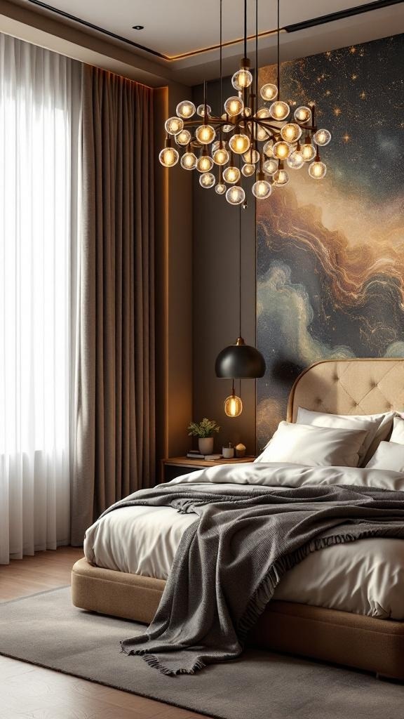 A stylish bedroom featuring a statement chandelier and pendant light, showcasing modern design trends for 2025.