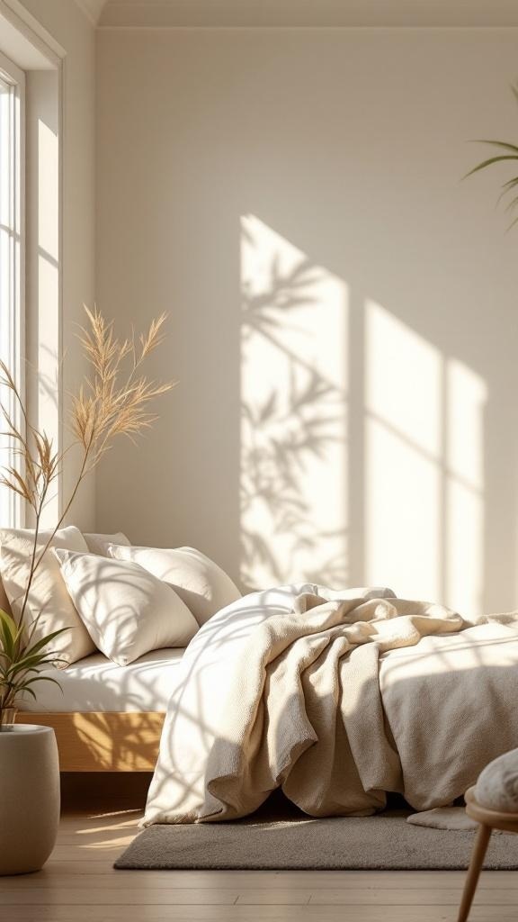 A serene bedroom featuring natural light, soft bedding, and plants, emphasizing sustainable materials.