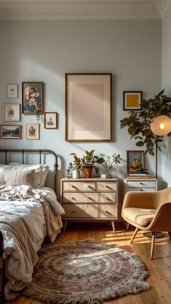 A cozy bedroom featuring vintage accents, including a metal bed frame, layered bedding, a vintage dresser, and a gallery wall.