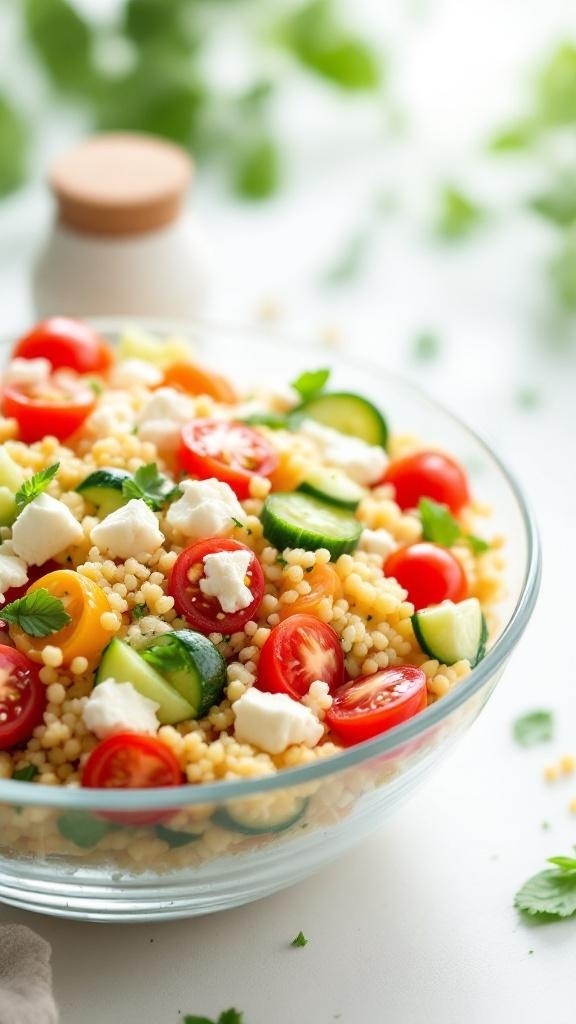 A bowl of Mediterranean Couscous Salad with cherry tomatoes, cucumbers, and feta cheese.