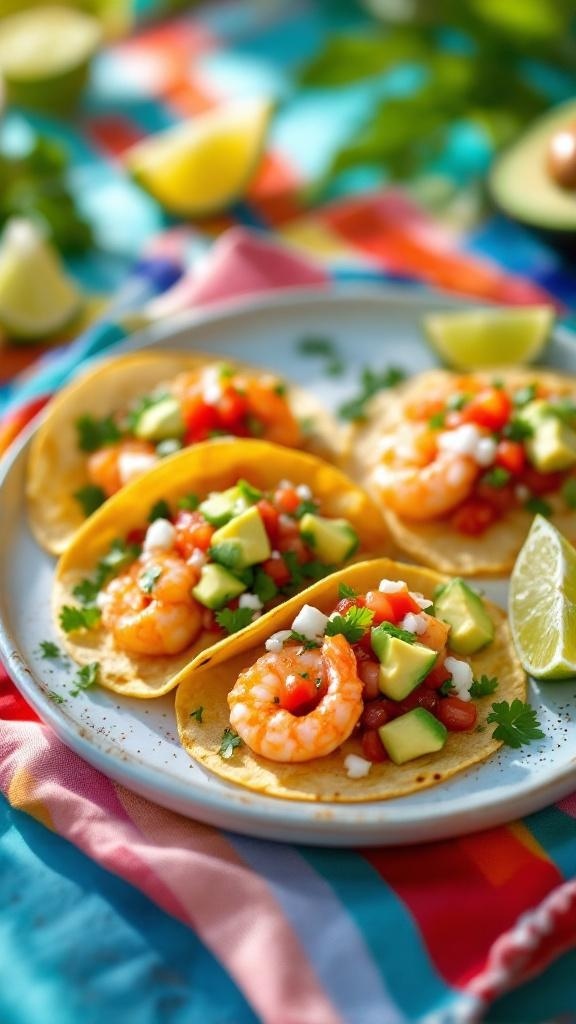 Plate of shrimp tacos with fresh salsa, avocado, and lime on a colorful tablecloth.