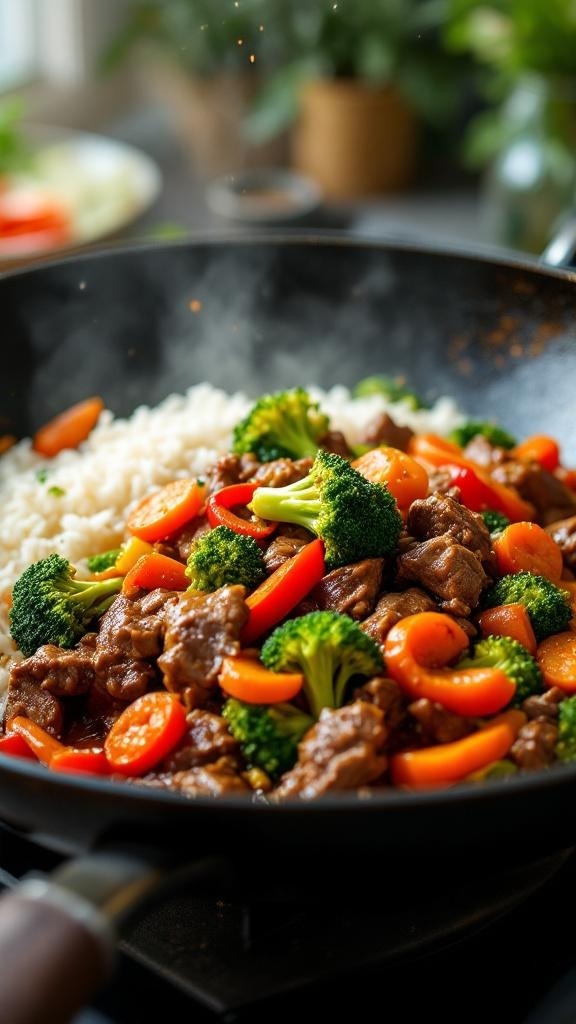A colorful beef stir-fry with broccoli, carrots, and bell peppers served over rice.