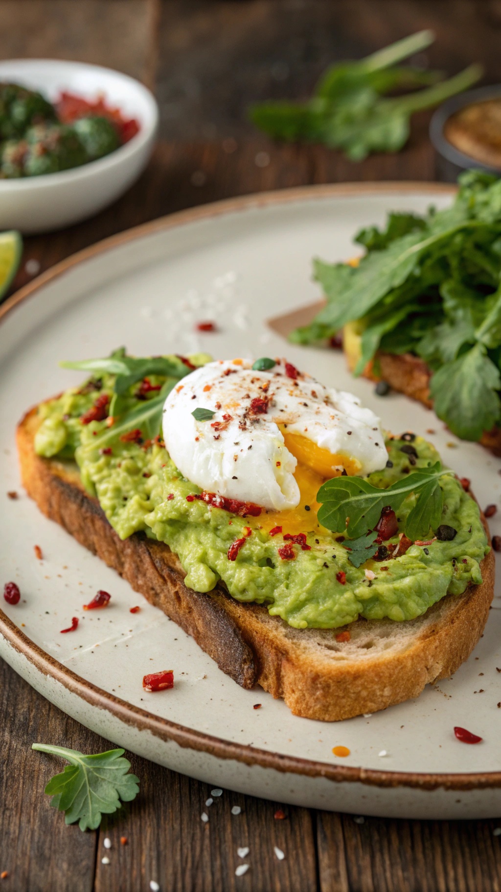 Avocado toast with poached egg, garnished with red pepper flakes and herbs, on a wooden table.