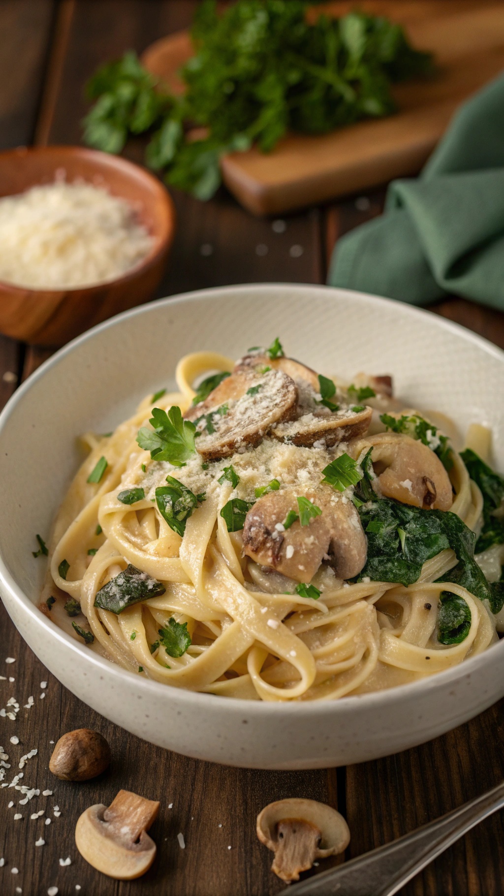 Creamy mushroom and spinach pasta garnished with parsley and Parmesan cheese on a rustic table.