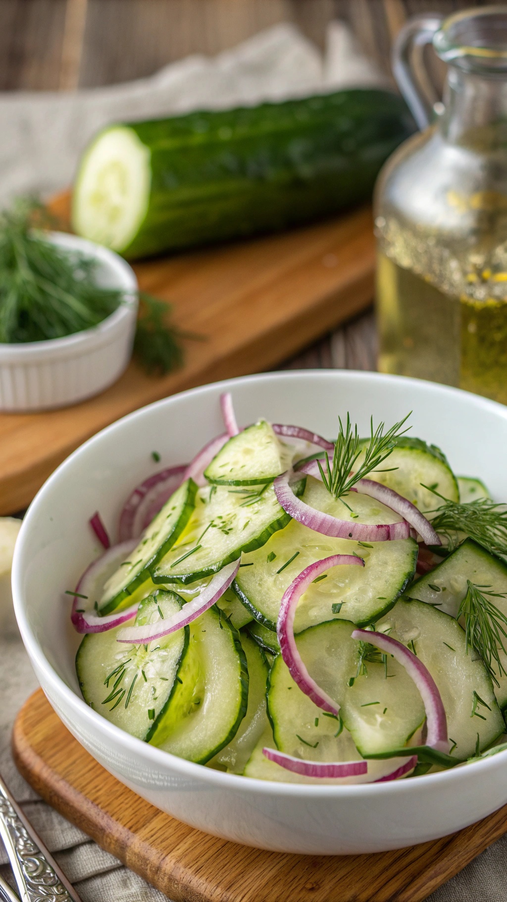 A refreshing cucumber salad with dill and red onions in a white bowl on a wooden table.