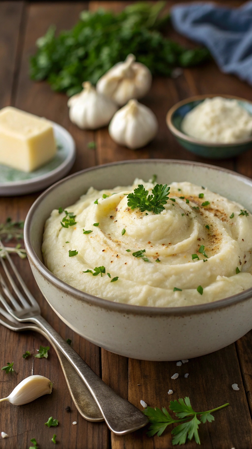 A bowl of creamy garlic mashed cauliflower garnished with parsley on a rustic table.