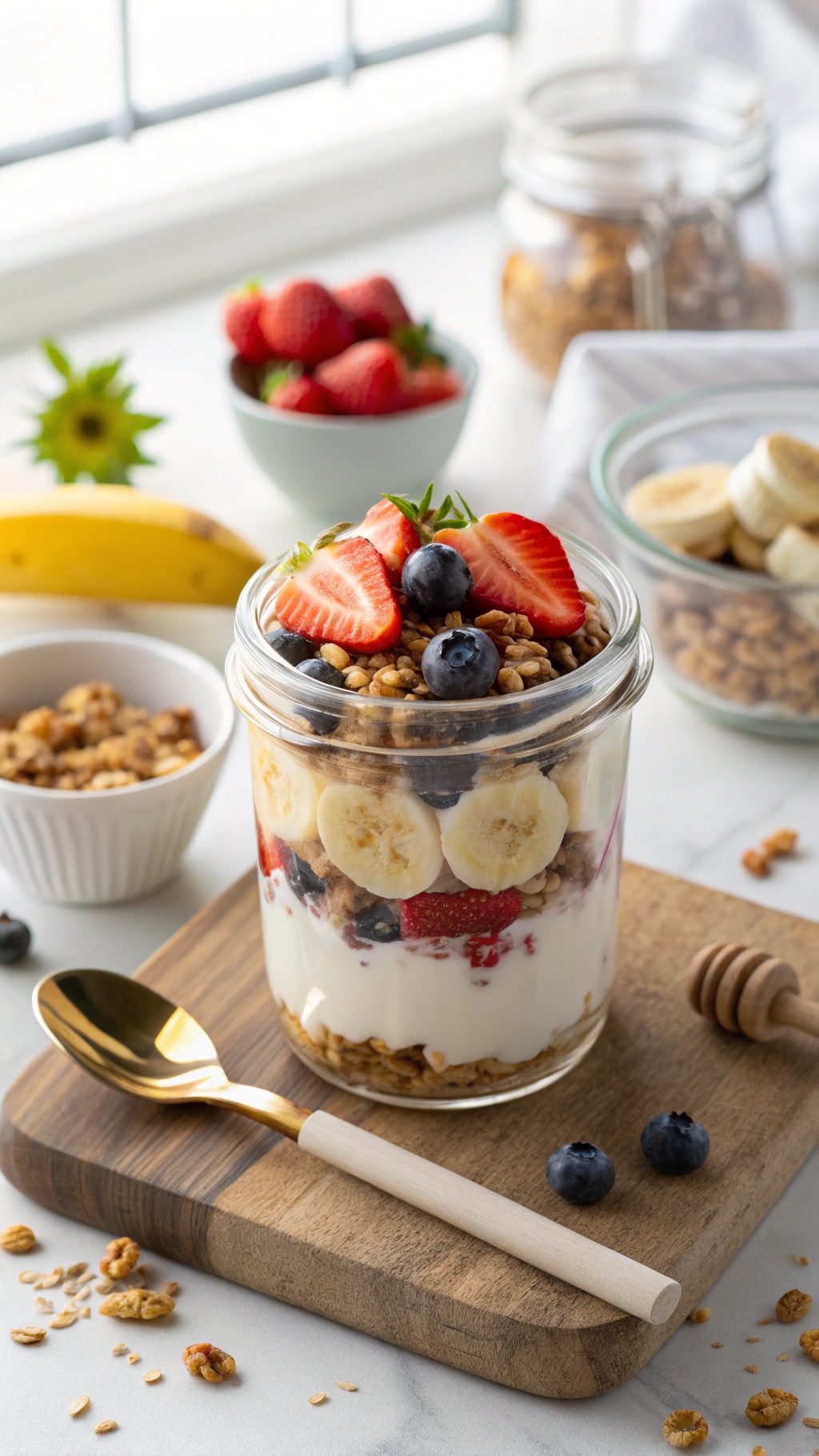 A layered Greek yogurt parfait with fruits and granola in a glass jar, garnished with honey.
