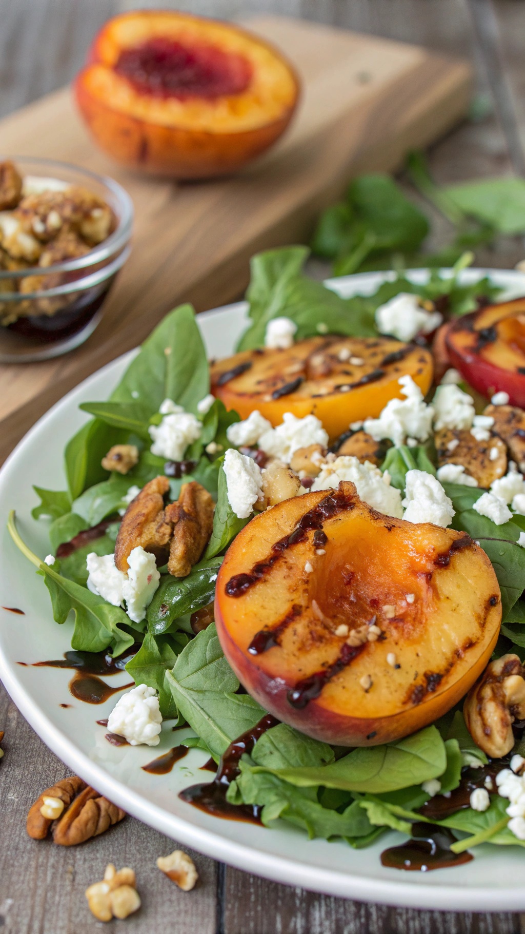Grilled peach salad with goat cheese, mixed greens, and nuts on a rustic table.