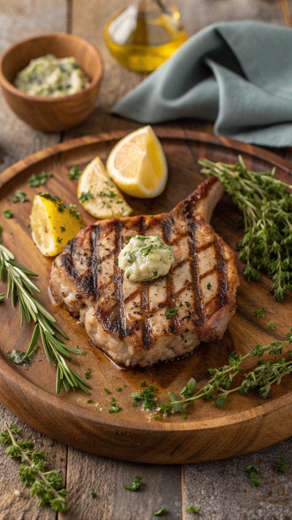 Grilled pork chop with herb butter on a wooden plate, garnished with herbs and lemon.