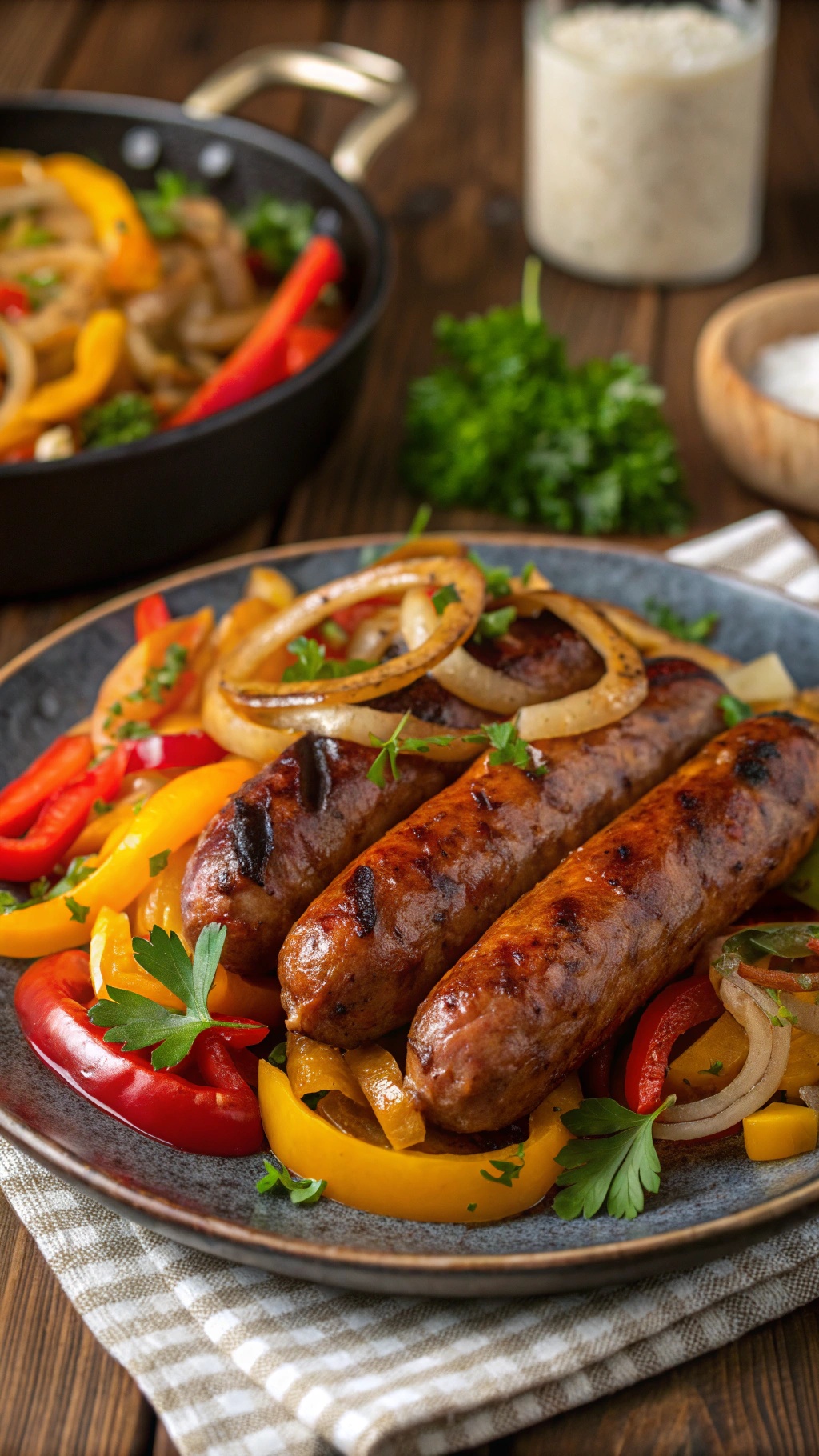 Grilled sausages with peppers and onions on a plate, garnished with parsley, on a rustic table.