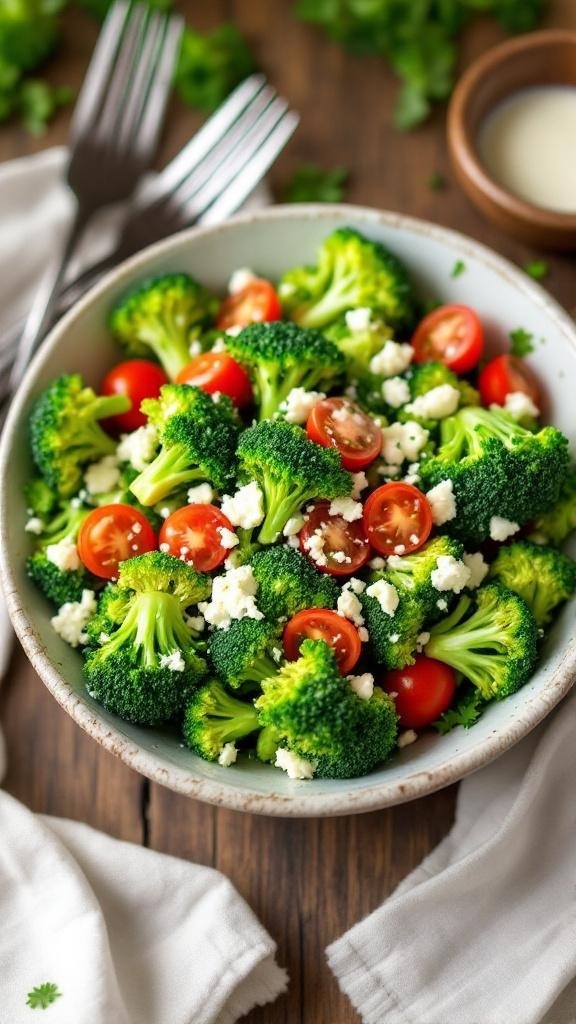 A colorful broccoli salad with tomatoes and feta cheese in a bowl on a wooden table.