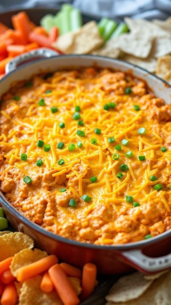 High Protein Buffalo Chicken Dip Recipe Buffalo chicken dip in a baking dish topped with cheese and green onions, served with vegetable sticks and tortilla chips.