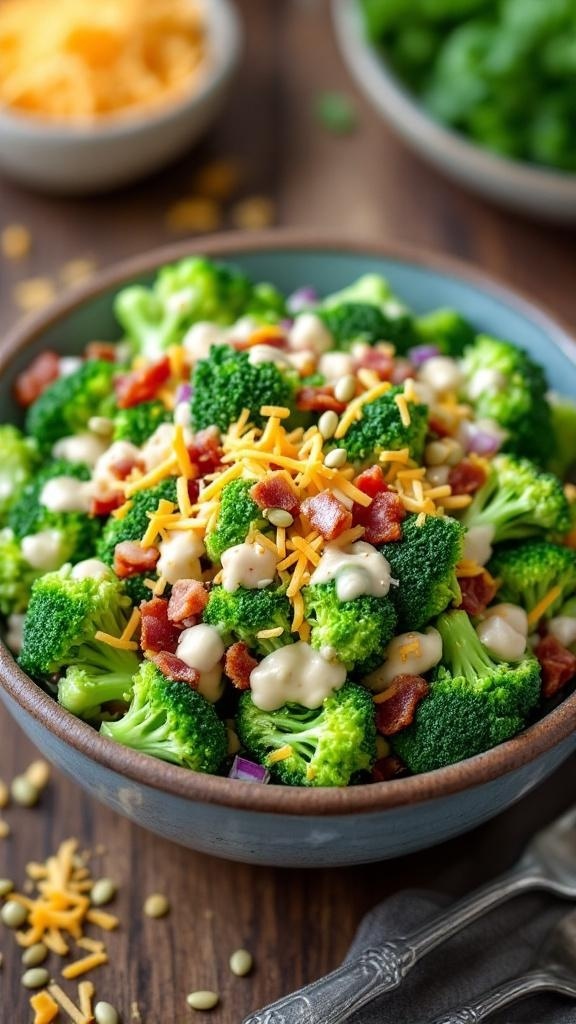 A colorful keto broccoli salad with bacon, red onion, and creamy dressing, garnished with cheese and seeds on a rustic table.