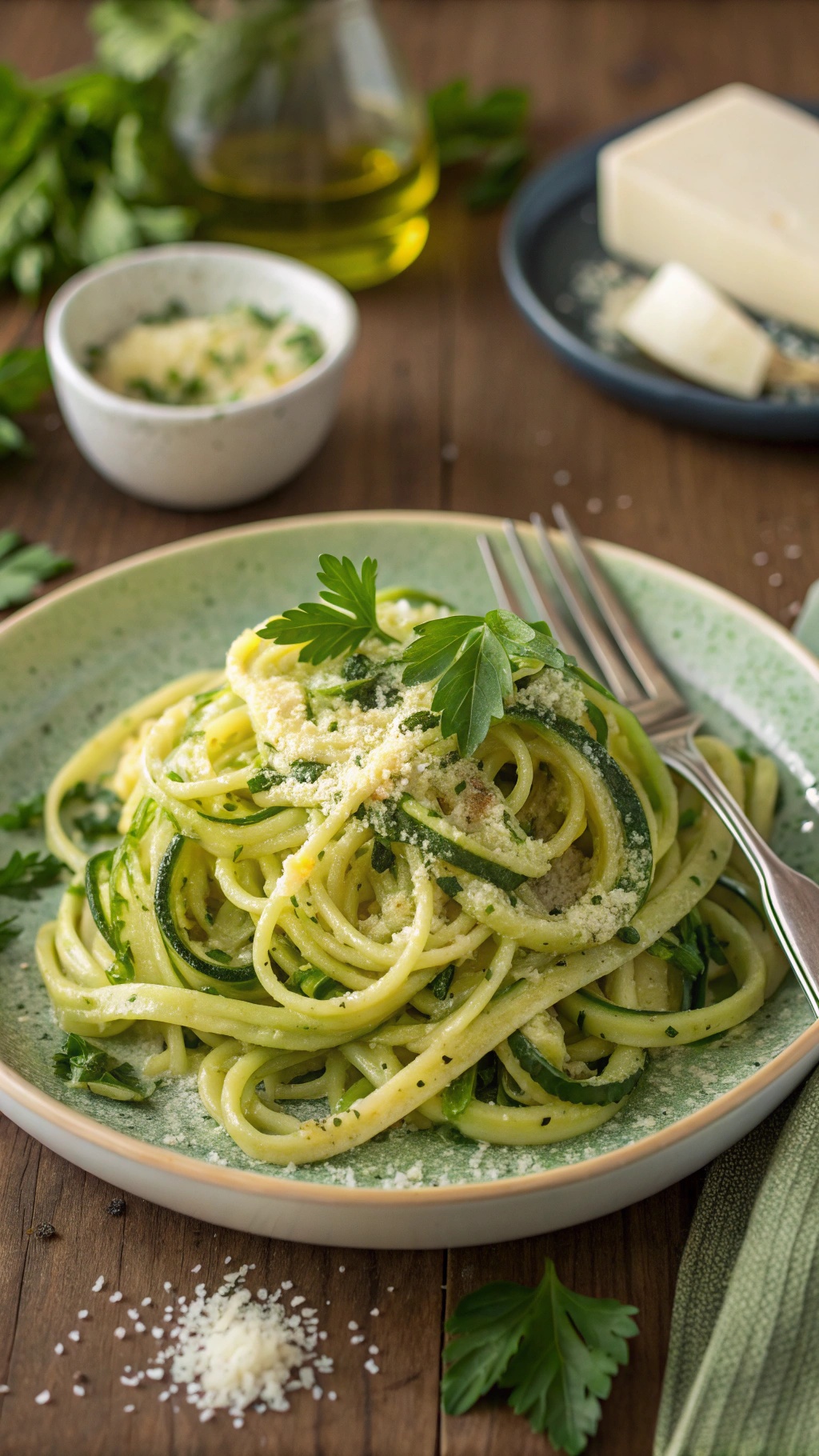 A plate of garlic Parmesan zucchini noodles garnished with parsley, served on a rustic table.
