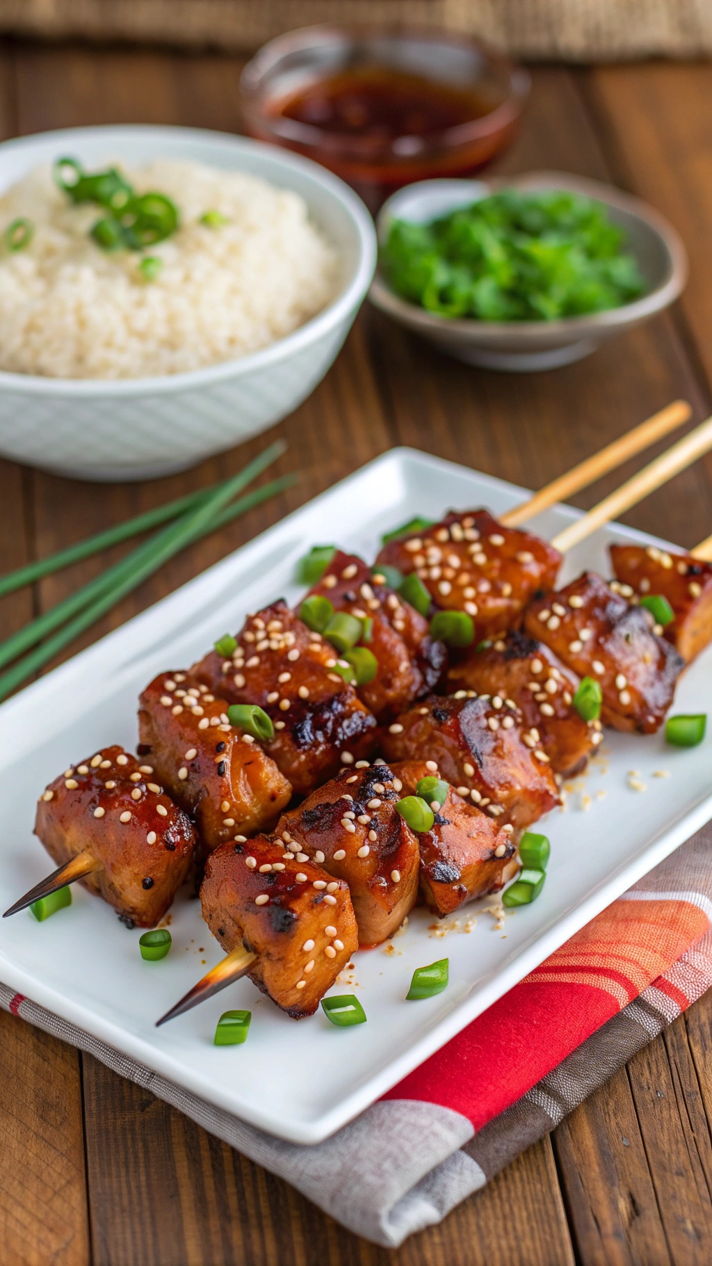Grilled teriyaki chicken skewers garnished with sesame seeds and green onions on a white plate.
