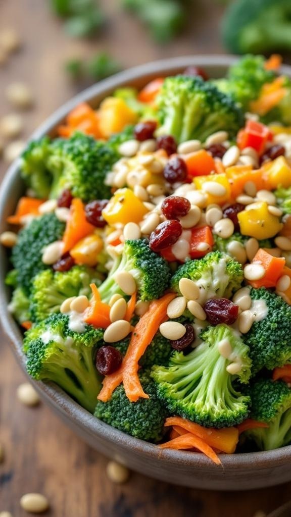 Meal Prep Broccoli Salad Recipe A colorful broccoli salad with bell peppers, carrots, and sunflower seeds in a bowl on a wooden table.