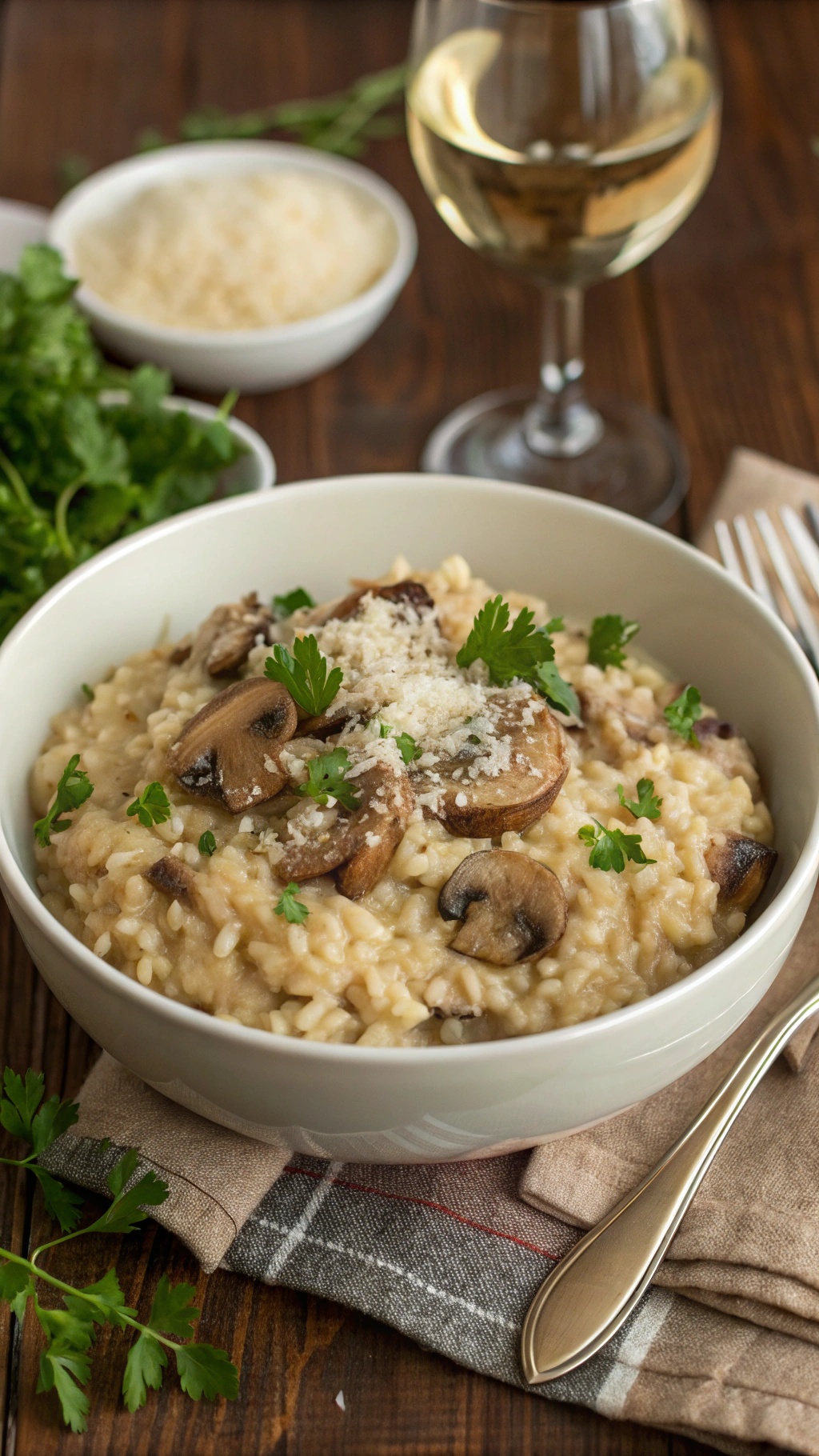 A bowl of creamy mushroom risotto garnished with parsley and Parmesan cheese on a rustic table with wine.
