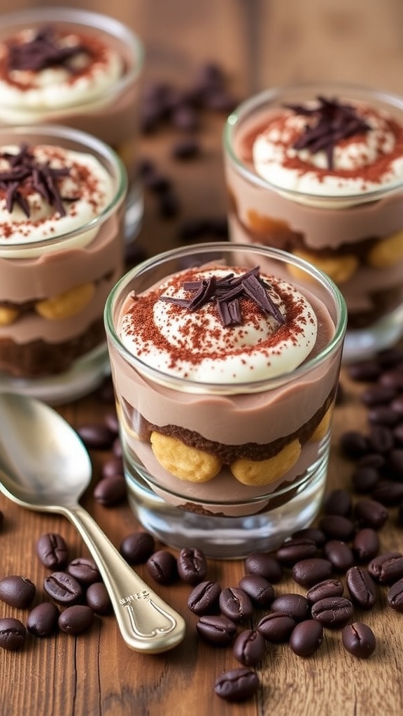 No-bake mocha tiramisu cups layered with ladyfingers and mascarpone, garnished with cocoa powder and chocolate shavings.
