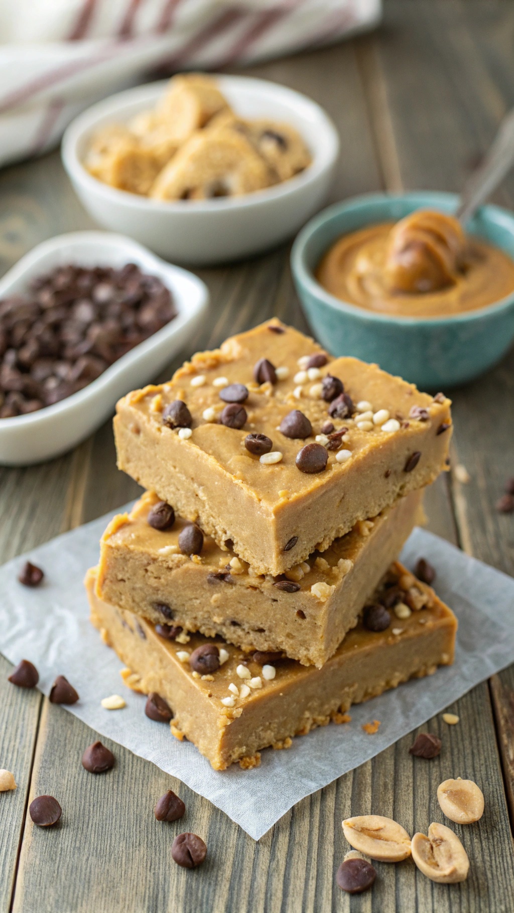 A stack of no-bake gluten-free peanut butter bars topped with chocolate chips and nuts on a wooden table.