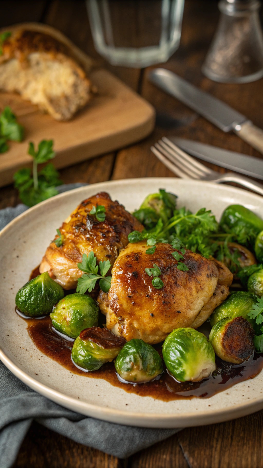 One-pan balsamic chicken thighs with Brussels sprouts, garnished with parsley on a rustic table.