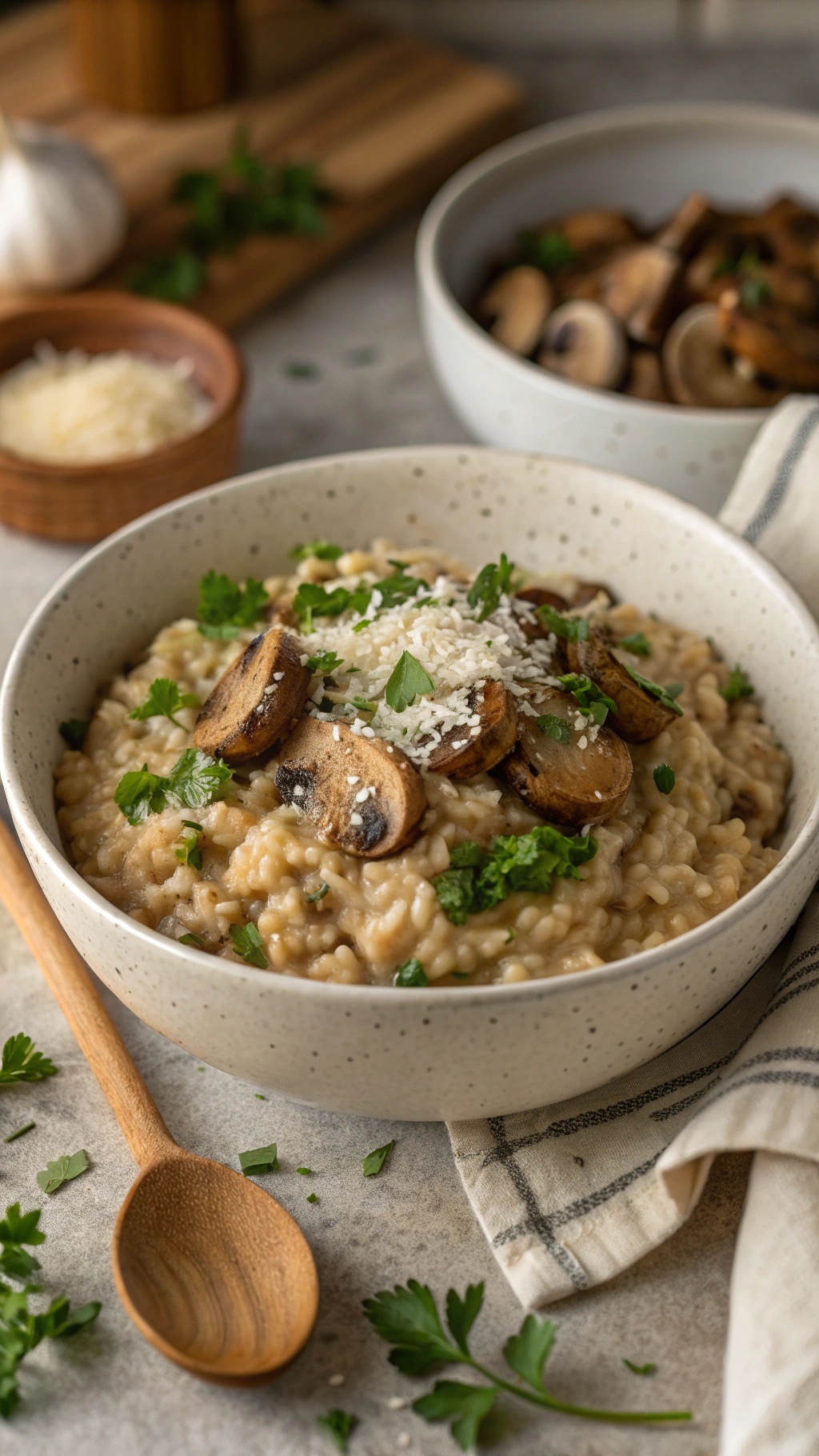 A bowl of creamy mushroom risotto garnished with parsley and Parmesan cheese, served with a rustic spoon.