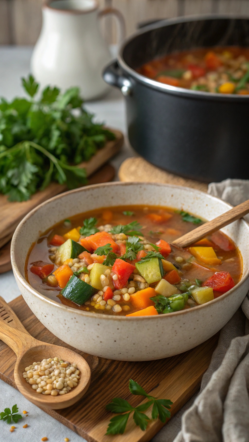Hearty One-Pot Vegetable and Barley Soup Recipe A bowl of vegetable and barley soup with colorful vegetables, garnished with parsley, on a rustic kitchen table.