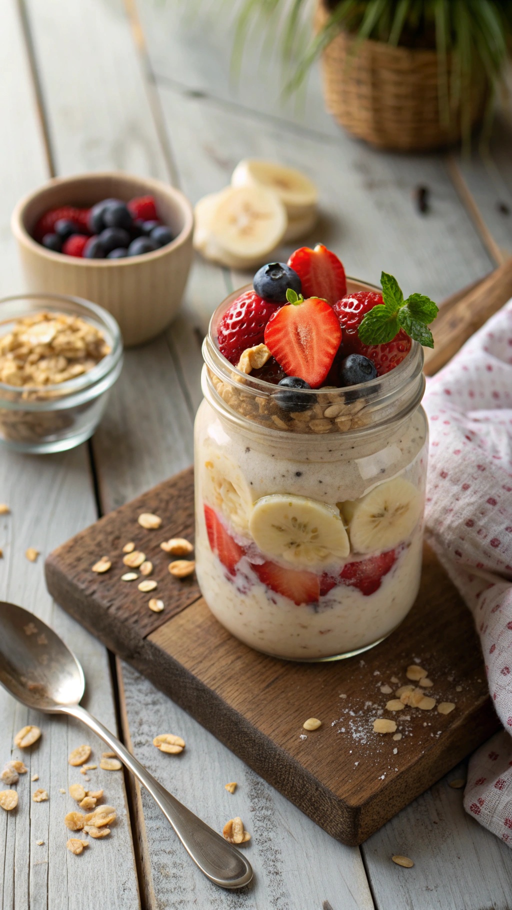 A jar of protein-packed overnight oats topped with mixed fruits and nuts on a wooden table.