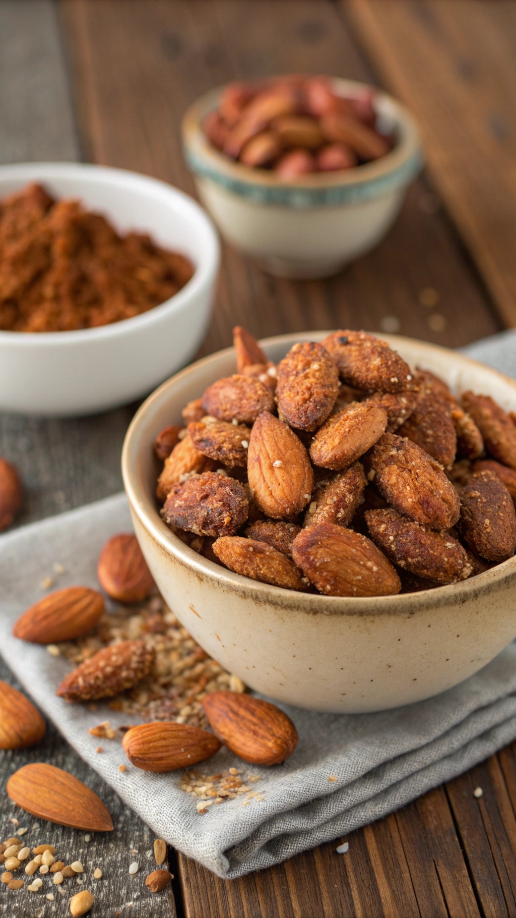 A bowl of golden spiced roasted almonds on a wooden table, surrounded by scattered almonds and spices.
