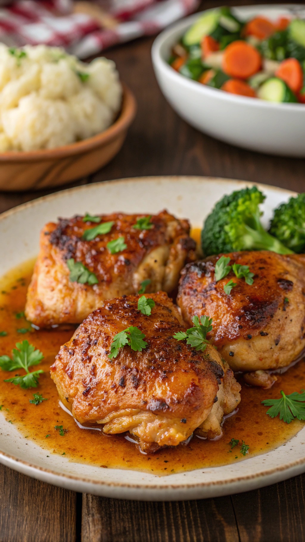Spicy garlic butter chicken thighs served on a plate, garnished with parsley, alongside steamed vegetables.