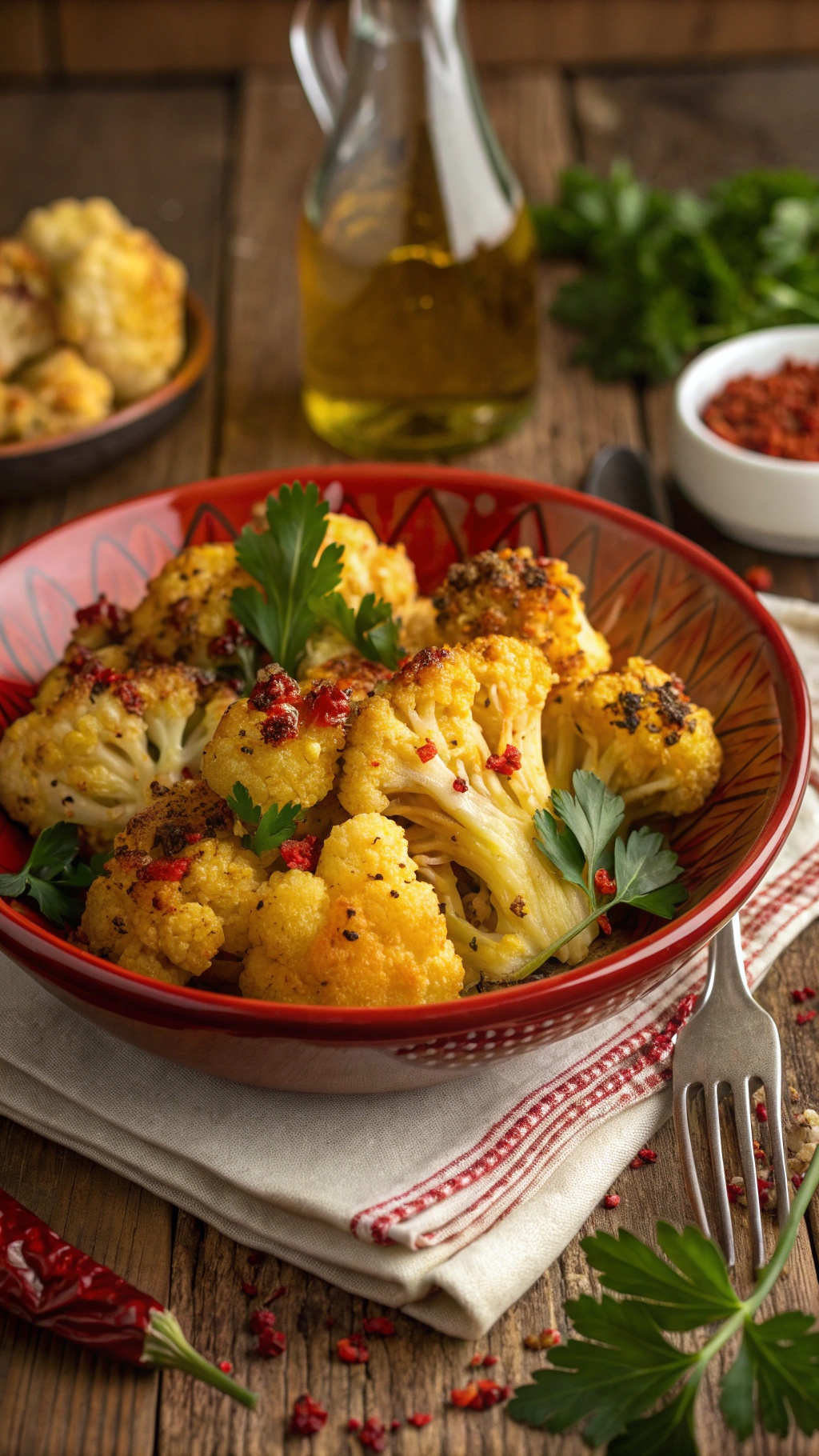 Roasted cauliflower florets seasoned with paprika and chili flakes, garnished with parsley on a wooden table.