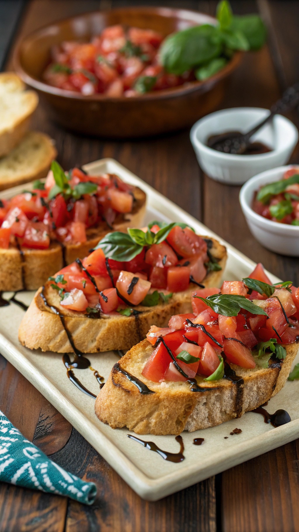 A colorful platter of tomato basil bruschetta on toasted bread, garnished with balsamic glaze.