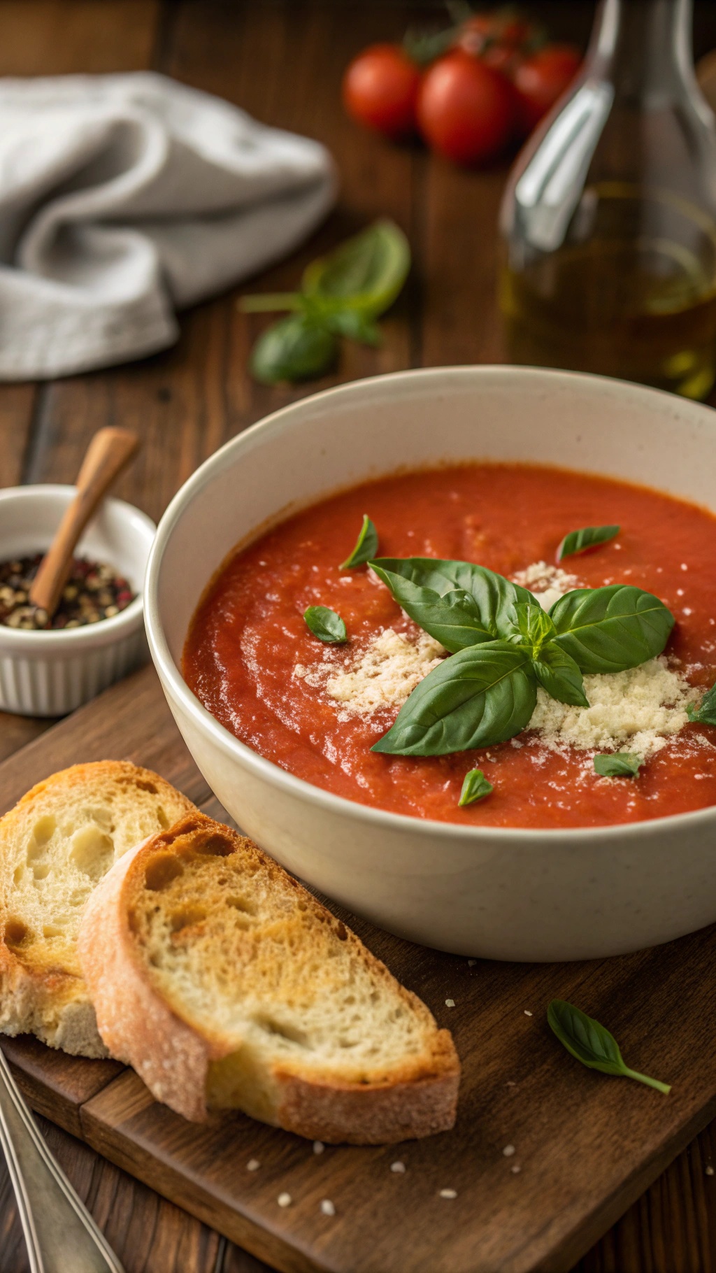 A bowl of creamy tomato basil soup with basil and Parmesan, served with crusty bread on a rustic table.