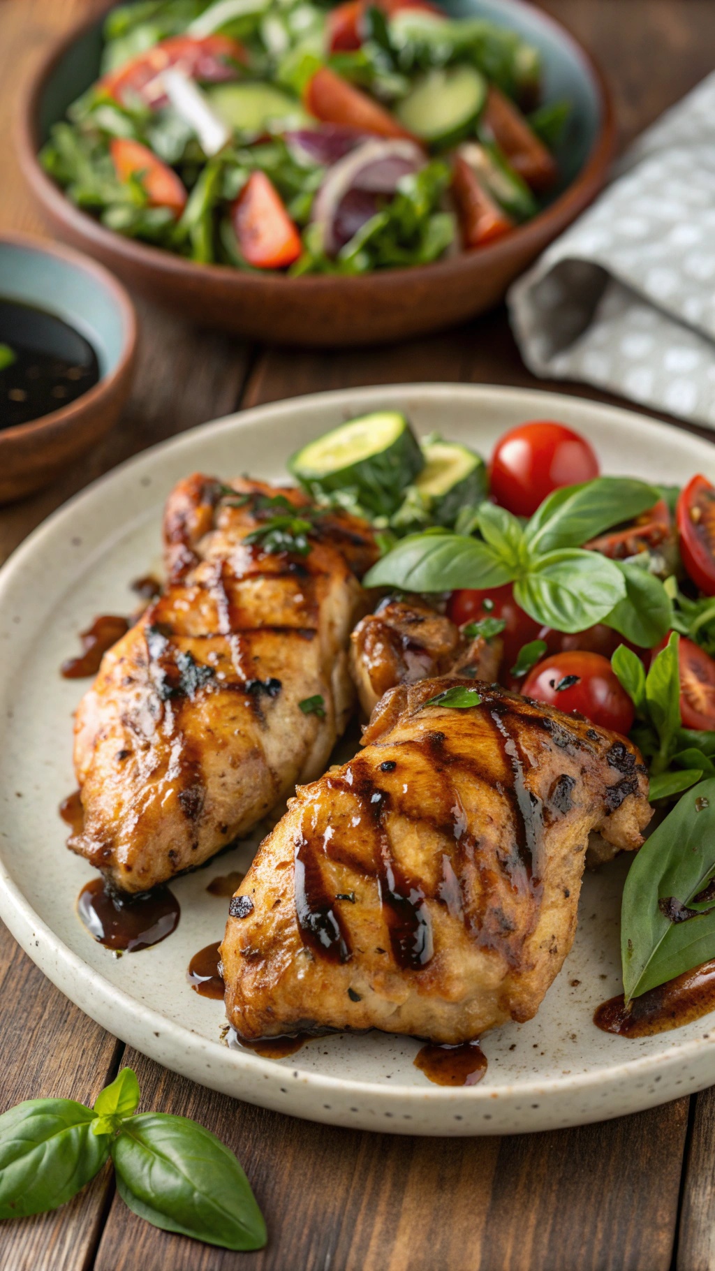Grilled balsamic glazed chicken thighs on a plate with salad and basil garnish.