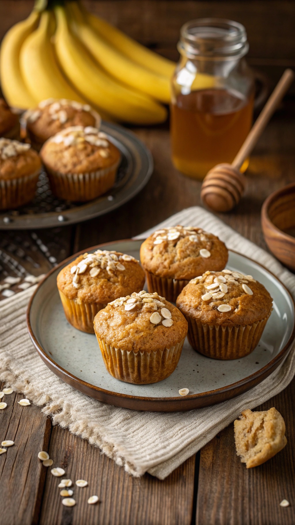 Banana Oatmeal Muffins Recipe Freshly baked banana oatmeal muffins on a plate with bananas and honey in the background.