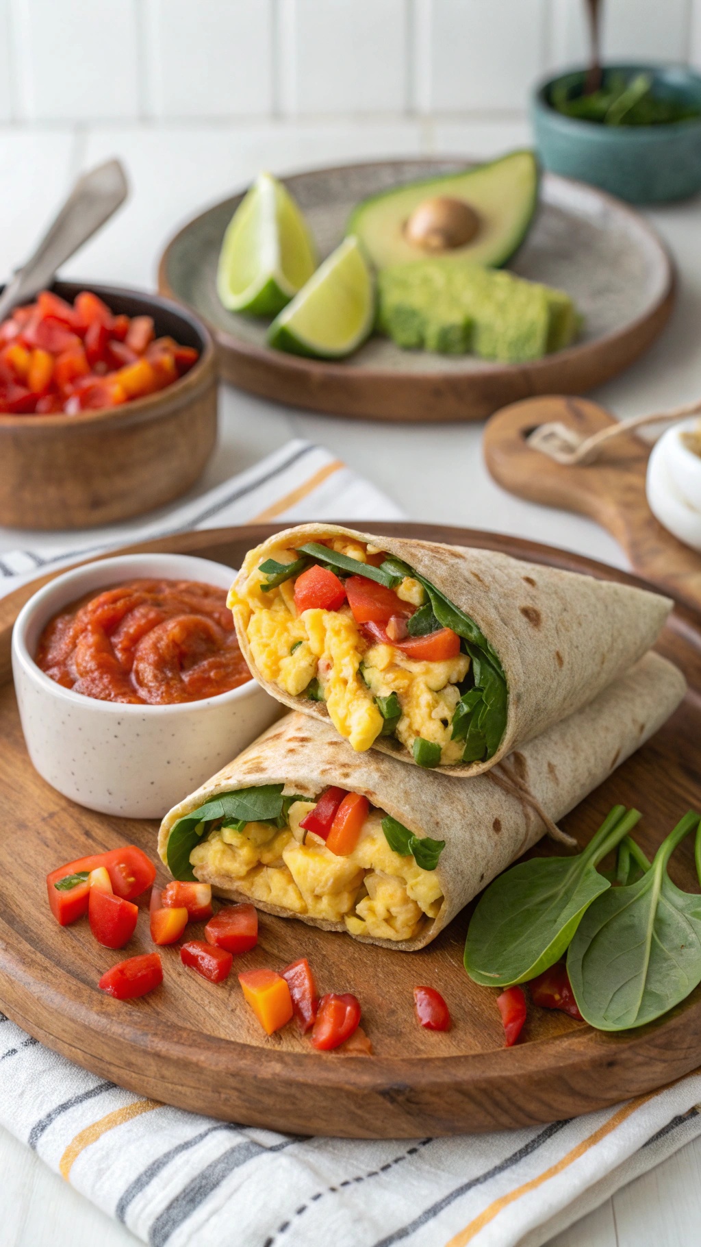 A healthy breakfast burrito with eggs, peppers, and spinach on a wooden plate with salsa and avocado.