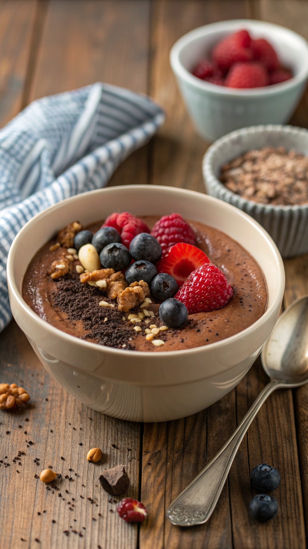 Chocolate chia seed pudding in a bowl topped with berries and nuts on a wooden table.