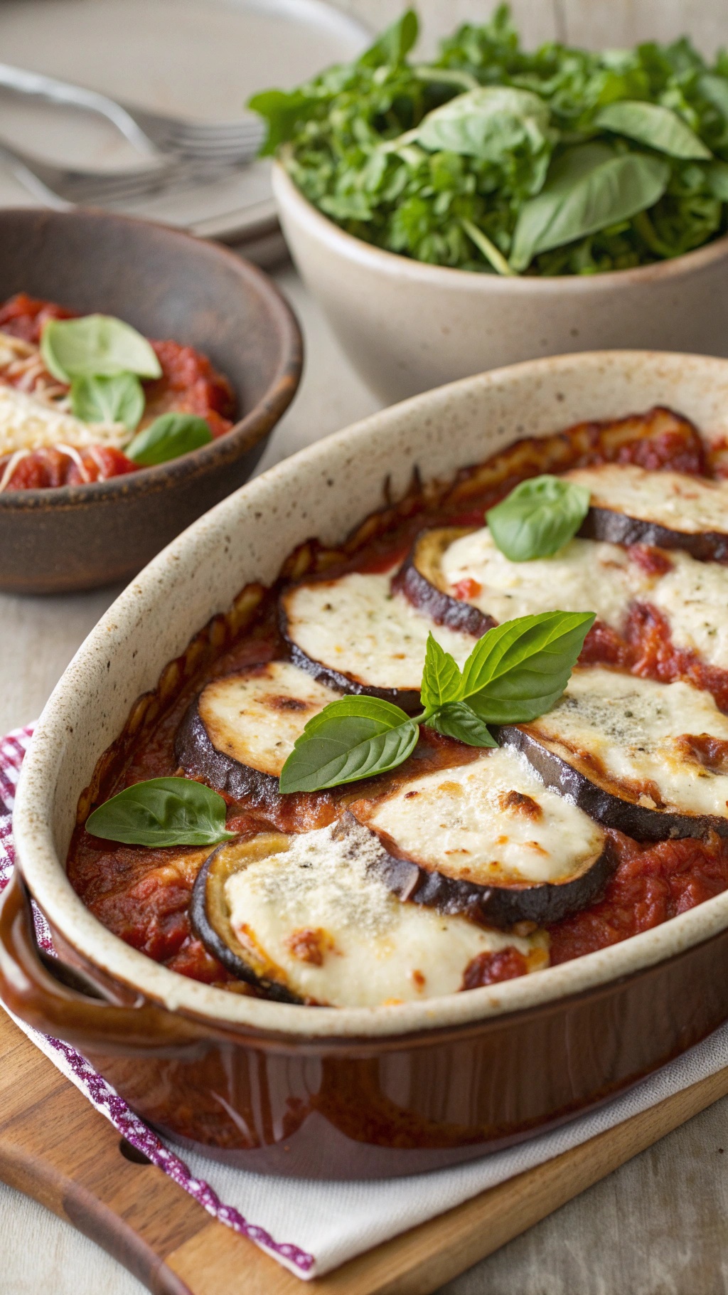 Layered eggplant parmesan with marinara sauce and melted cheese, garnished with basil, served in a rustic dish.