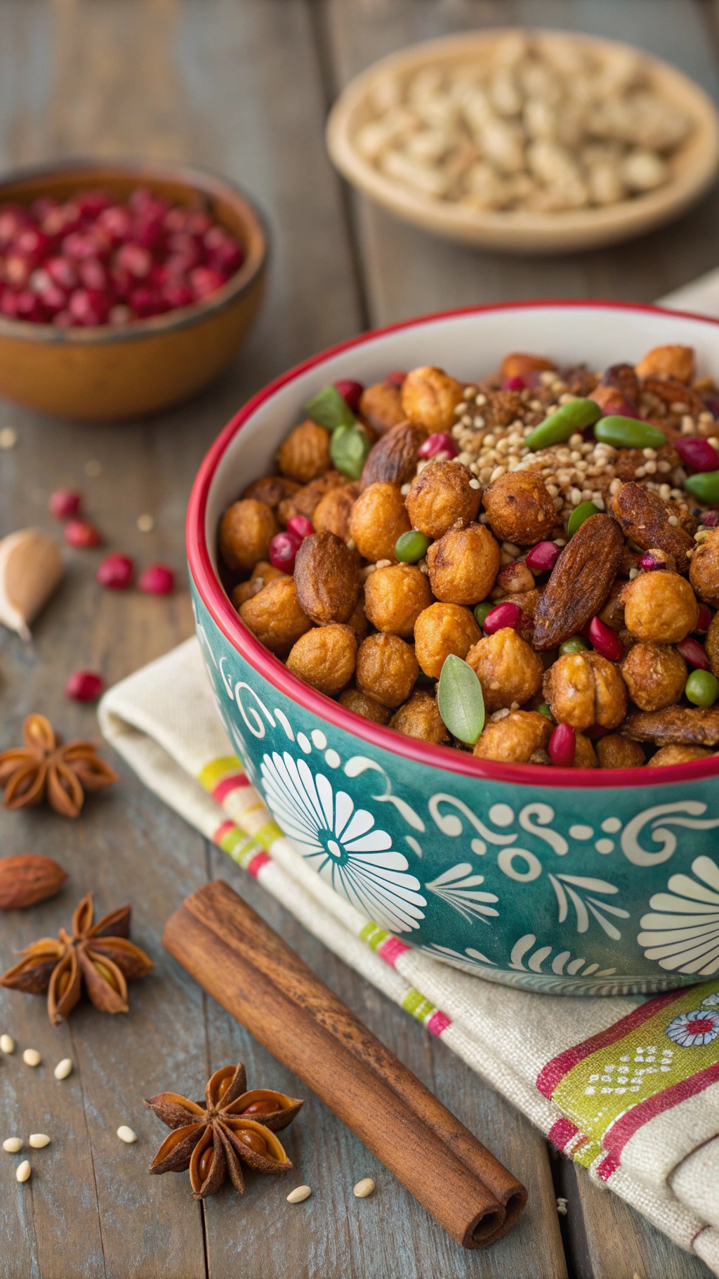 A bowl of spicy roasted chickpeas mixed with nuts and seeds on a wooden table.