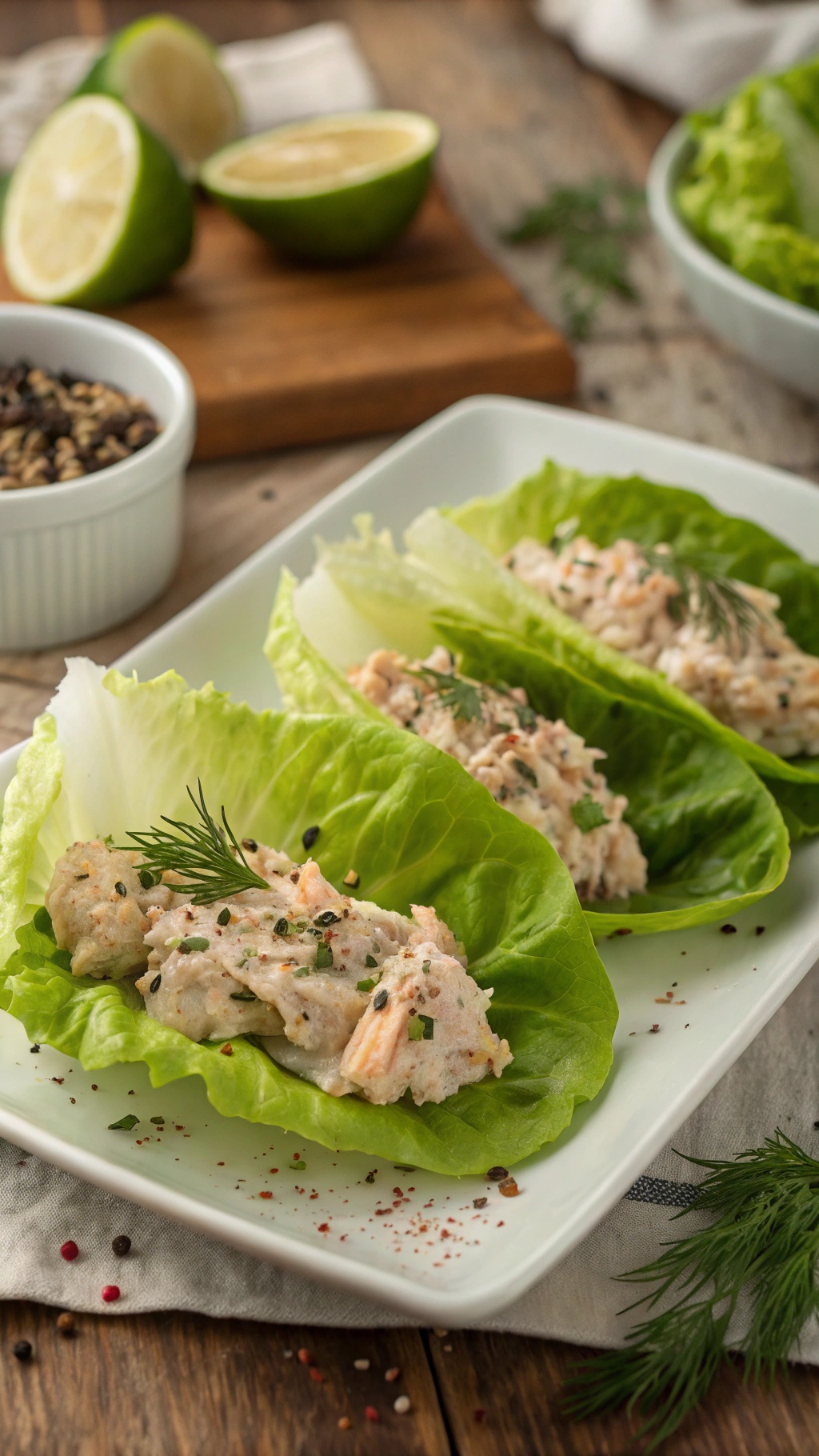 Tuna salad lettuce wraps filled with creamy tuna salad on a white plate, garnished with herbs.