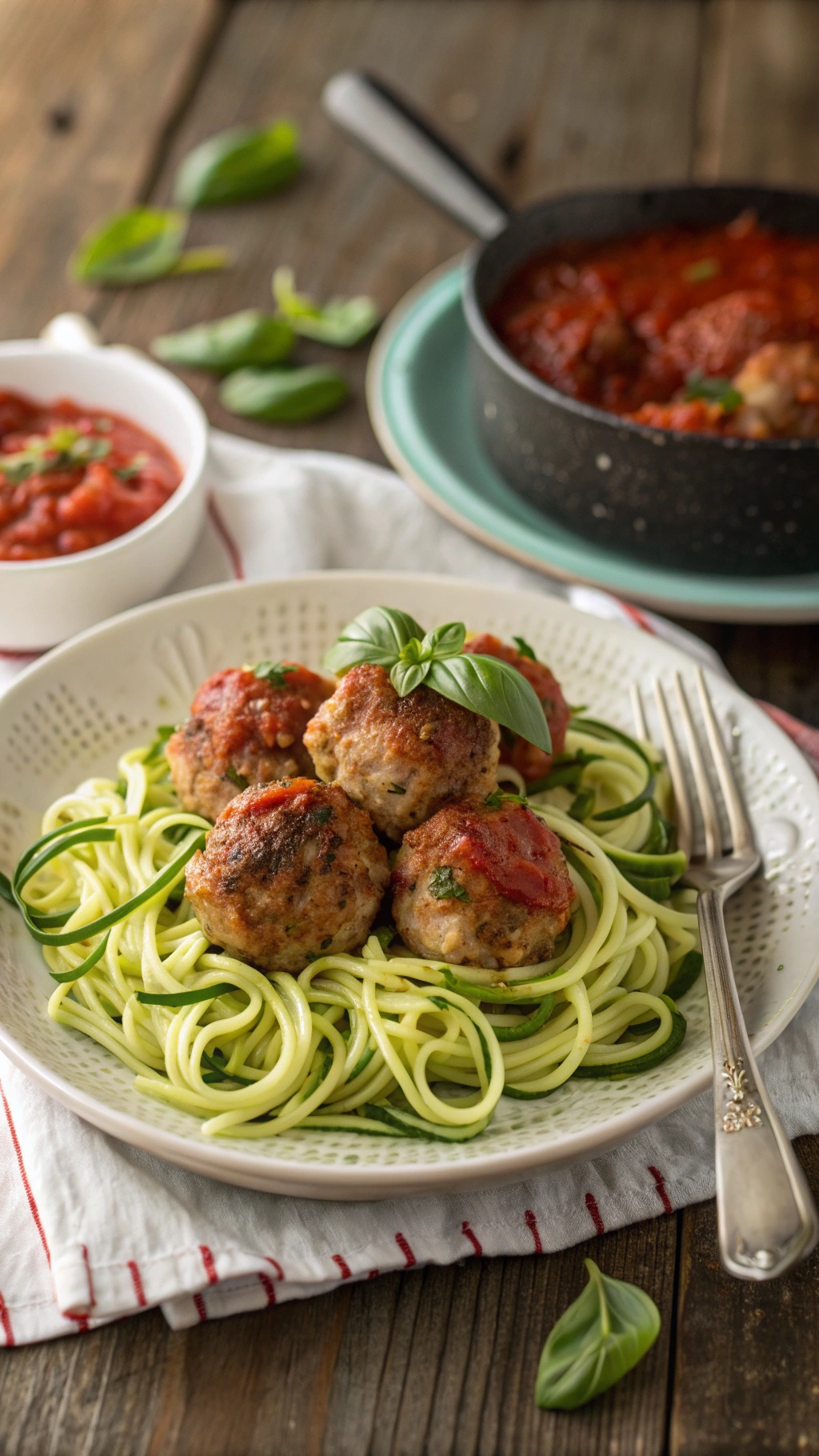 Turkey meatballs on zucchini noodles with marinara sauce and basil, served on a rustic wooden table.