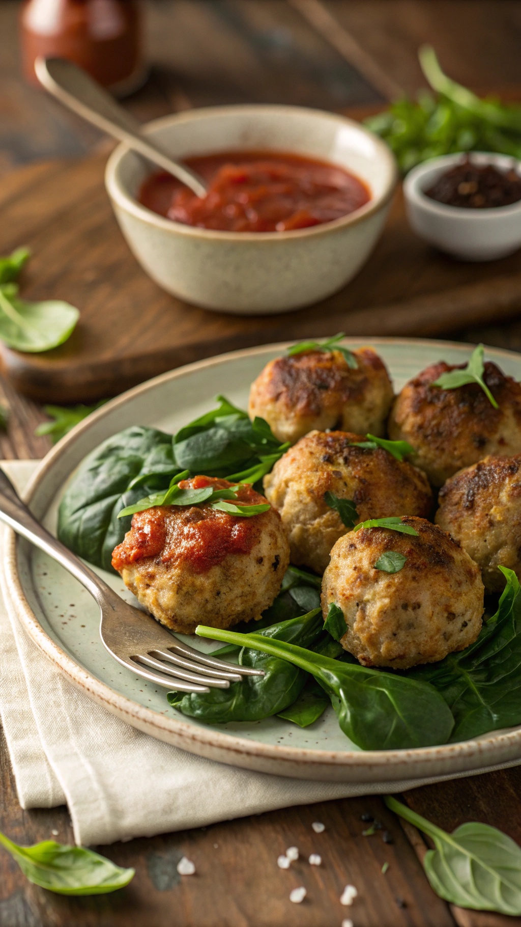 Turkey and spinach meatballs on a plate with marinara sauce and parsley garnish.