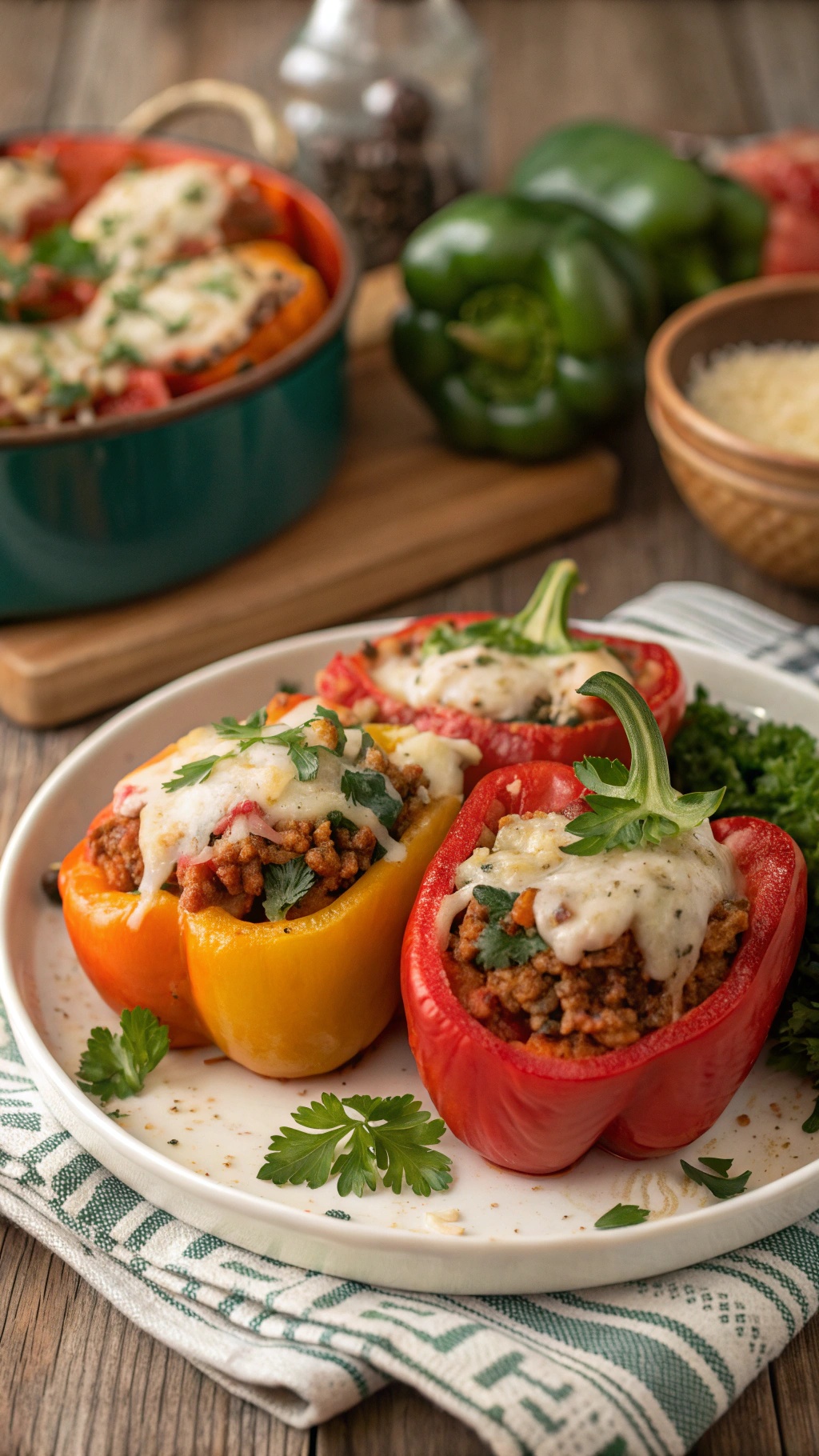 Stuffed bell peppers filled with turkey and spinach, topped with cheese, on a wooden table.