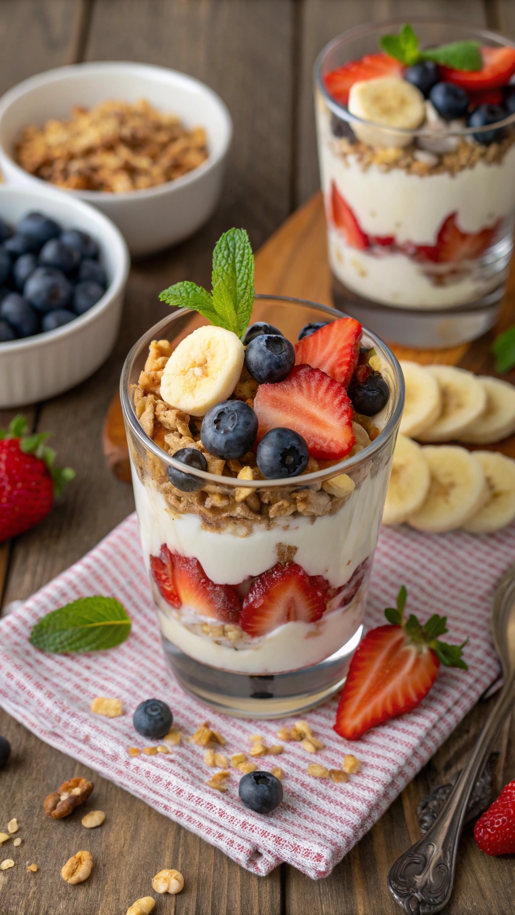 A layered yogurt parfait with yogurt, fresh fruits, and granola in a clear glass, garnished with mint.