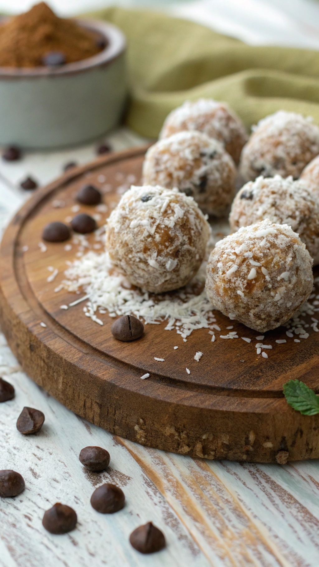 Coconut chocolate protein balls on a wooden platter, coated in shredded coconut with chocolate chips.